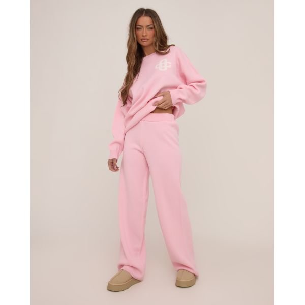 EGO High Waist Wide Leg Joggers In Pink Knit, Women's Size UK Large L - 2