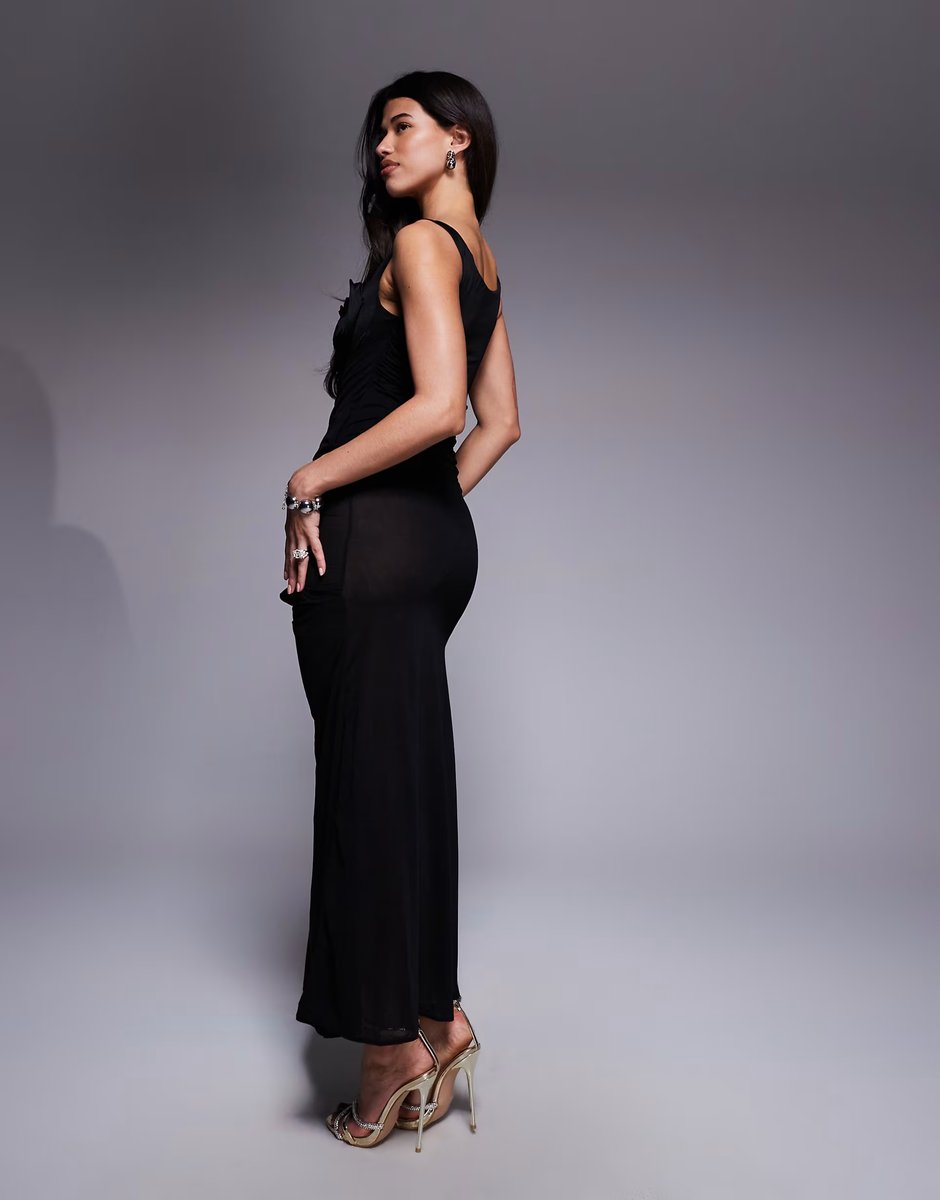 ASOS ASOS DESIGN floral bust detail bardot maxi dress with draped skirt in black - 2