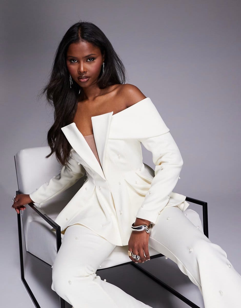 ASOS ASOS LUXE co-ord pearl embellished off shoulder tailored blazer in cream - 1