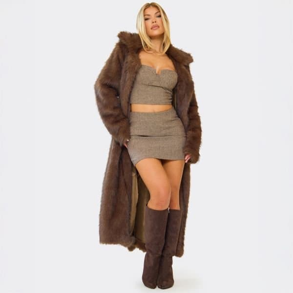 EGO Mid Waist Mini Skirt In Brown Wool Look, Women's Size UK 6