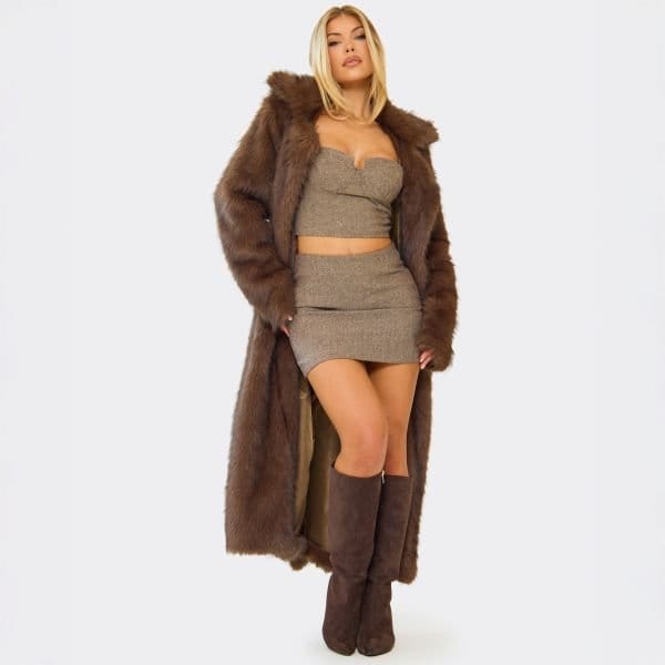 EGO Mid Waist Mini Skirt In Brown Wool Look, Women's Size UK 6 - 1
