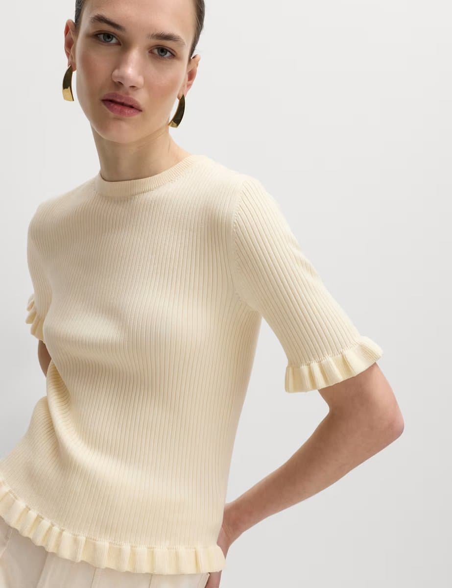 Marks & Spencer M&S Ribbed Frill Detail Knitted Top Buttermilk