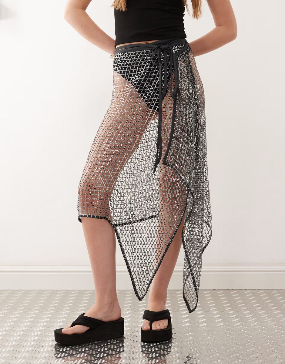 ASOS Weekday sequin net wrap midi skirt in dark grey - 2