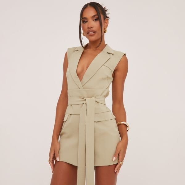EGO Sleeveless Belted Waist Tailored Mini Dress In Green Woven, Women's Size UK 6 - 2