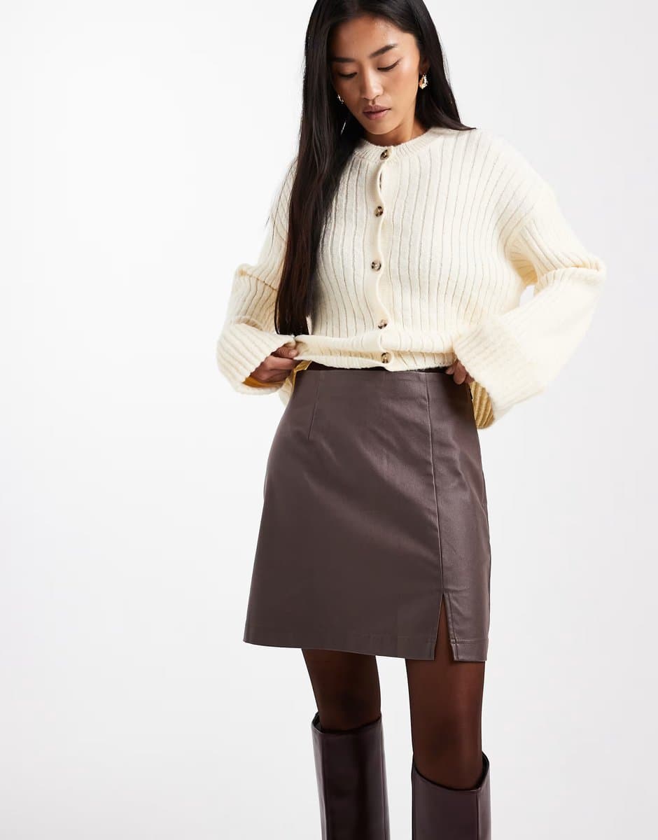 ASOS Object coated leather-look mini skirt in chocolate brown