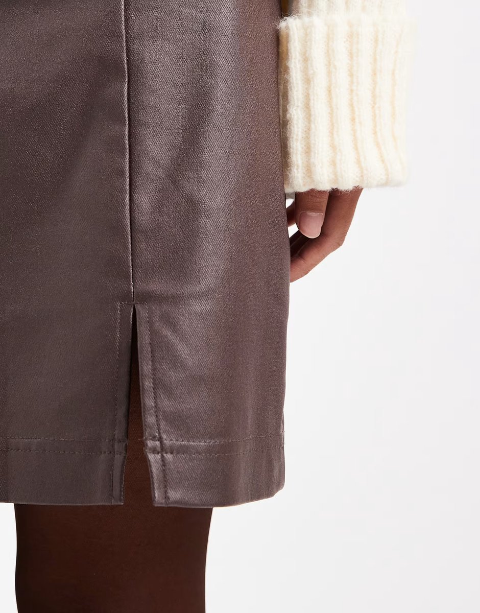 ASOS Object coated leather-look mini skirt in chocolate brown - 2
