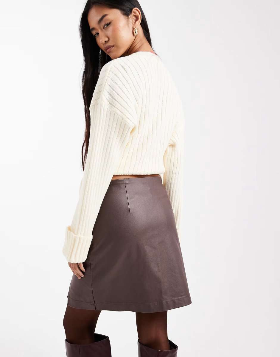 ASOS Object coated leather-look mini skirt in chocolate brown - 3