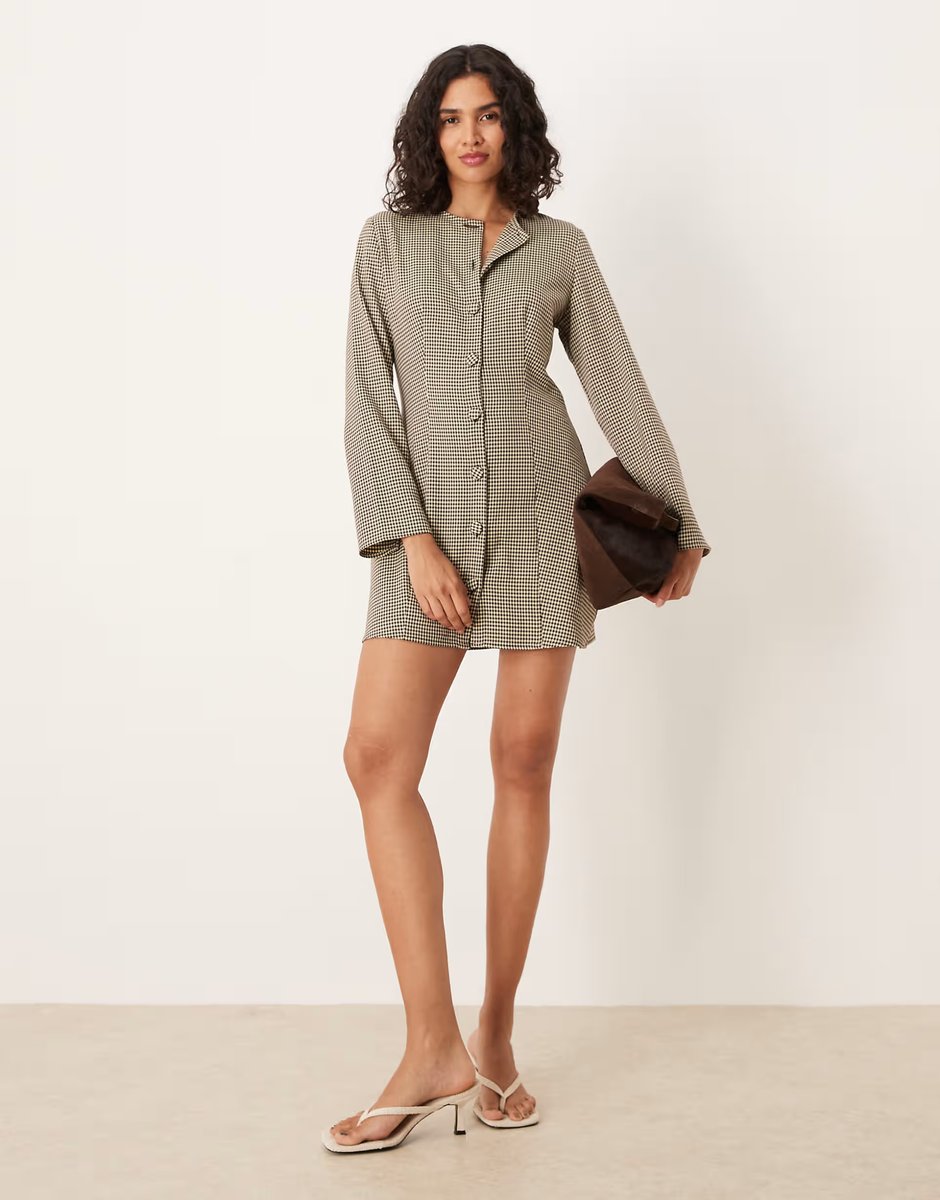 ASOS ASOS DESIGN seamed button down mini dress in brown check - 3