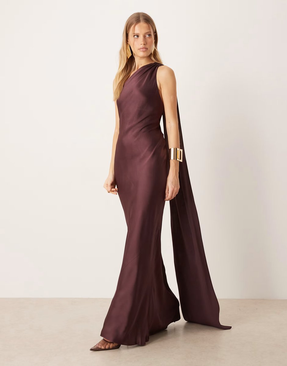 ASOS Mango Capsule one shoulder maxi dress in plum - 3