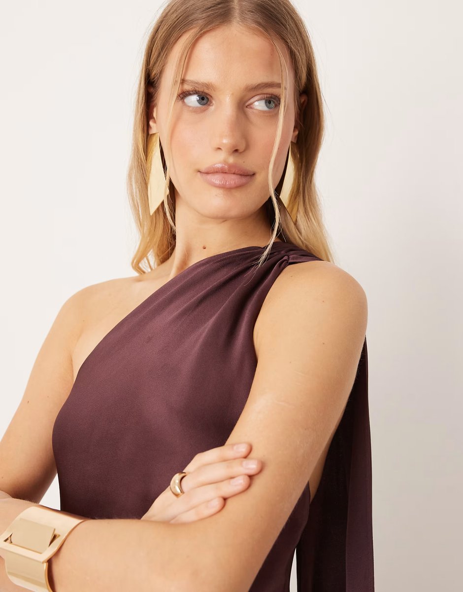 ASOS Mango Capsule one shoulder maxi dress in plum - 4