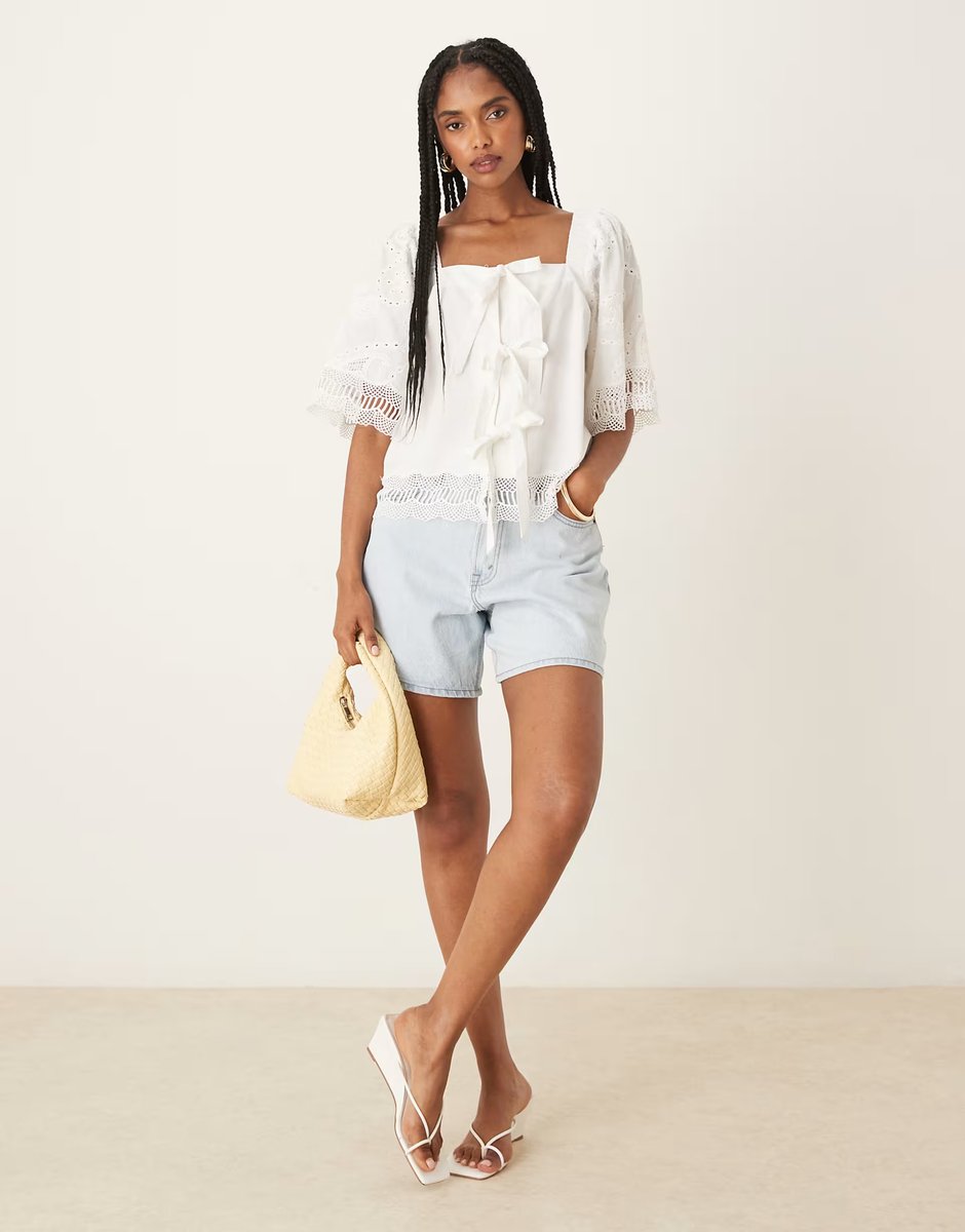 ASOS YAS crochet trim tie front square neck blouse in white - 3