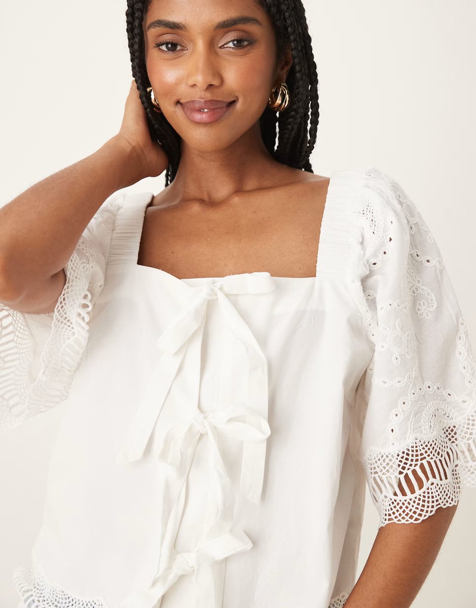 ASOS YAS crochet trim tie front square neck blouse in white - 4