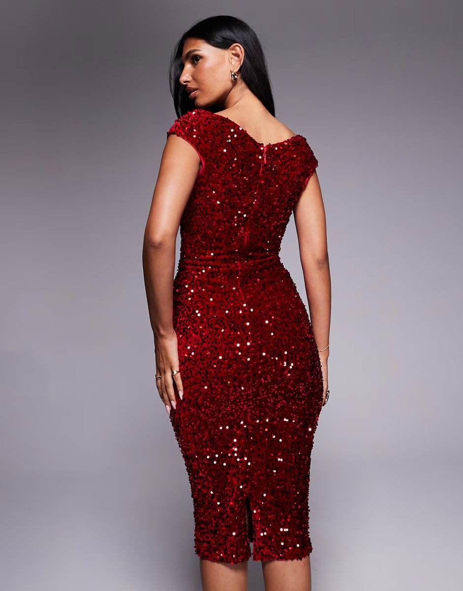 ASOS Goddiva Multi sequin & velvet bardot midi dress in red - 3