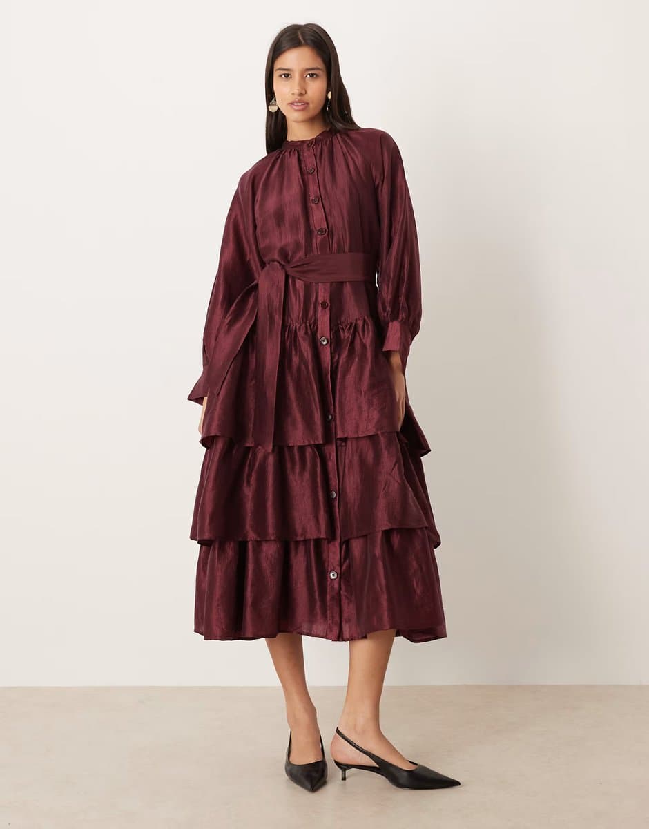 ASOS Ghospell Feven button up oversized tiered midi dress in burgundy
