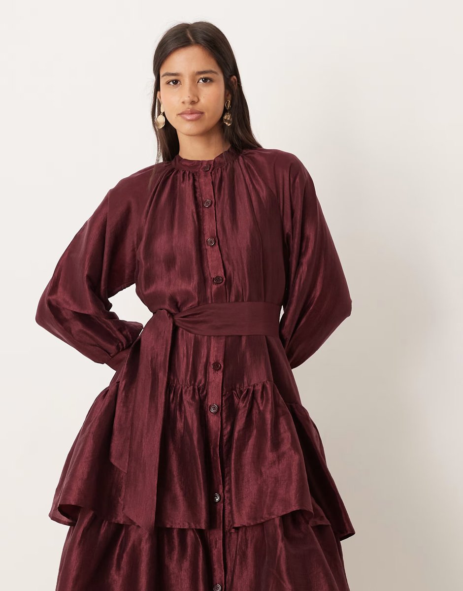 ASOS Ghospell Feven button up oversized tiered midi dress in burgundy - 3