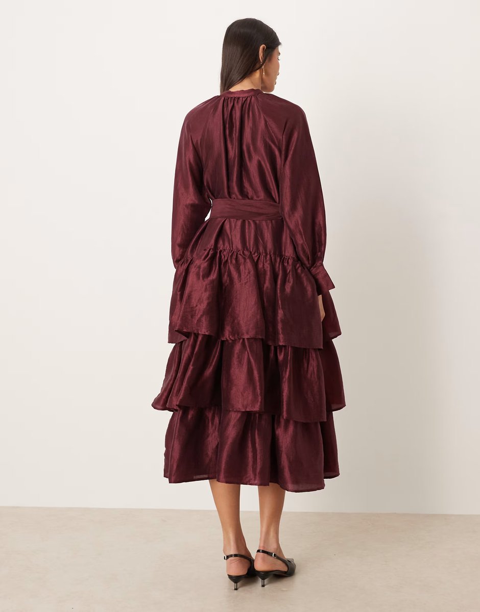 ASOS Ghospell Feven button up oversized tiered midi dress in burgundy - 4