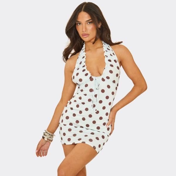 EGO Plunge Halter Neck Tie Detail Mini Dress In Blue Polka Dot, Women's Size UK 6
