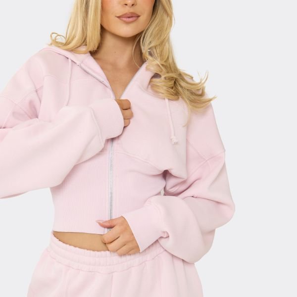 EGO Long Sleeve Seam Detail Cinched Waist Zip Up Longline Hoodie In Pink, Women's Size UK 6 - 2