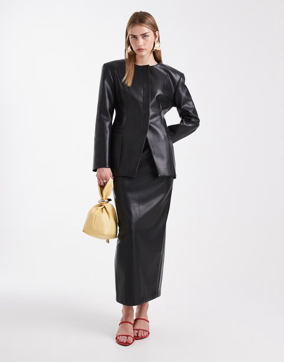 ASOS ASOS DESIGN faux leather cinch collarless blazer in black - 3