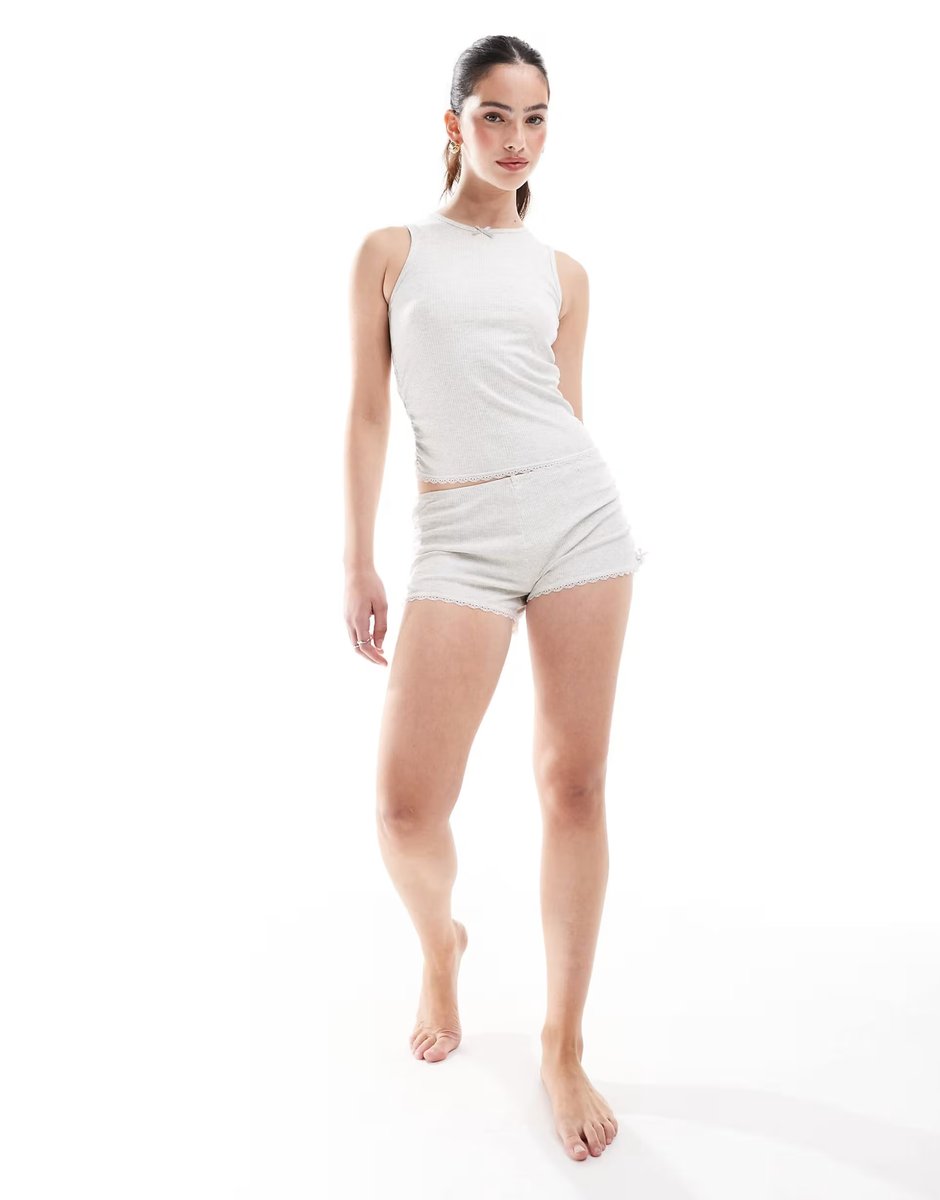 ASOS Cotton On sleep ruched rib lace tank in light grey marle - 4