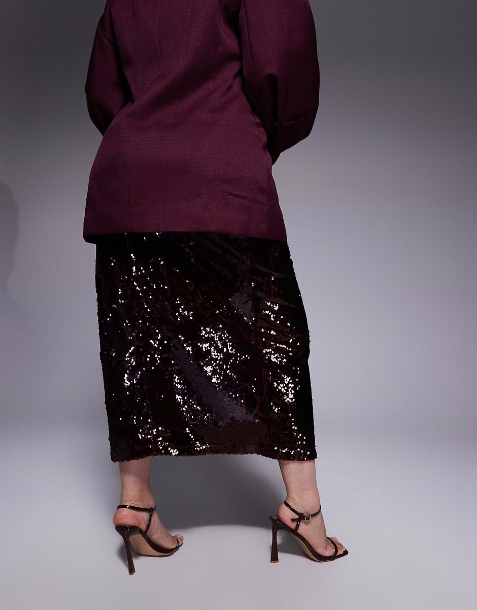 ASOS Renee Studio high waisted sequin maxi skirt in burgundy - 3