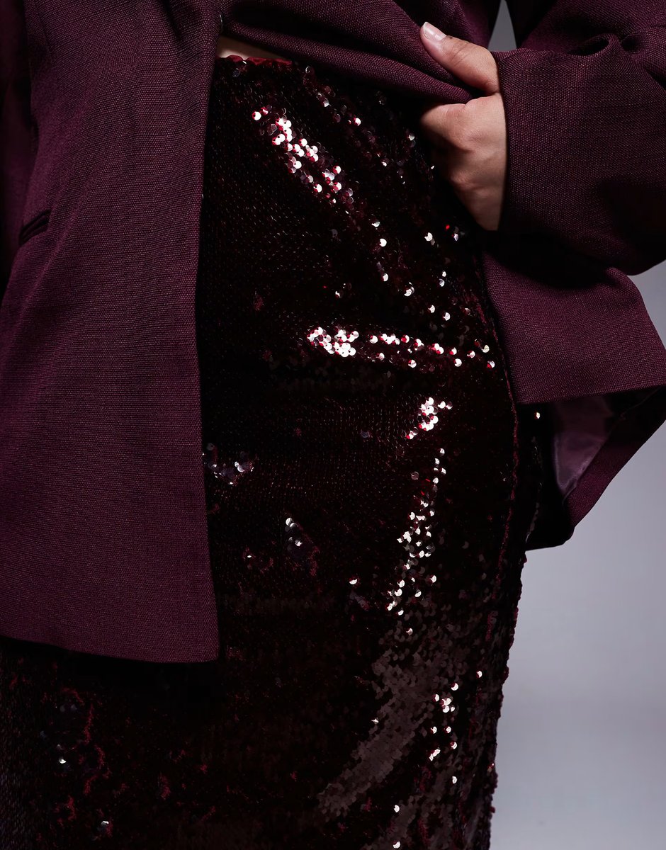 ASOS Renee Studio high waisted sequin maxi skirt in burgundy - 4