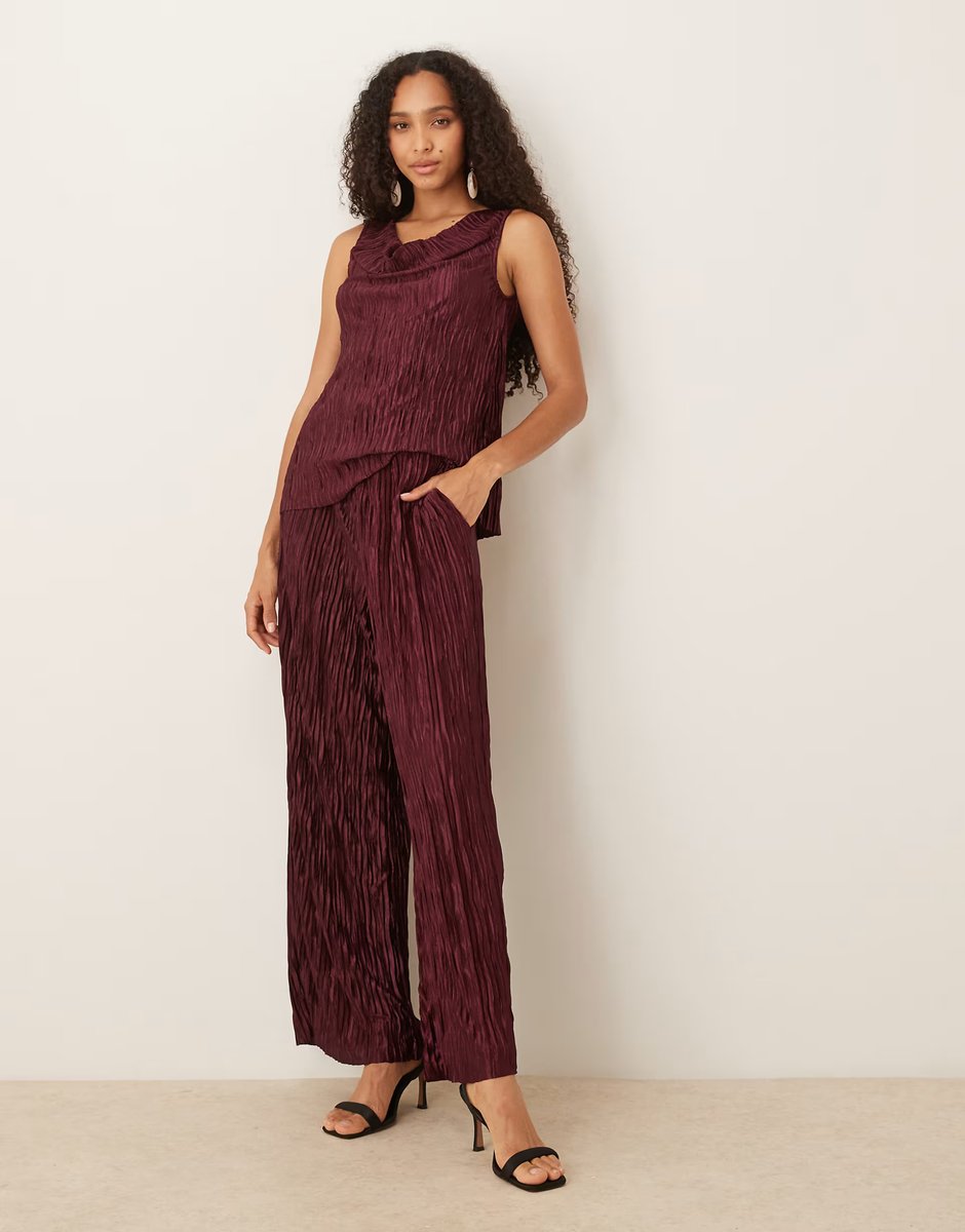 ASOS Vila plisse cowl neck top co-ord in burgundy - 2