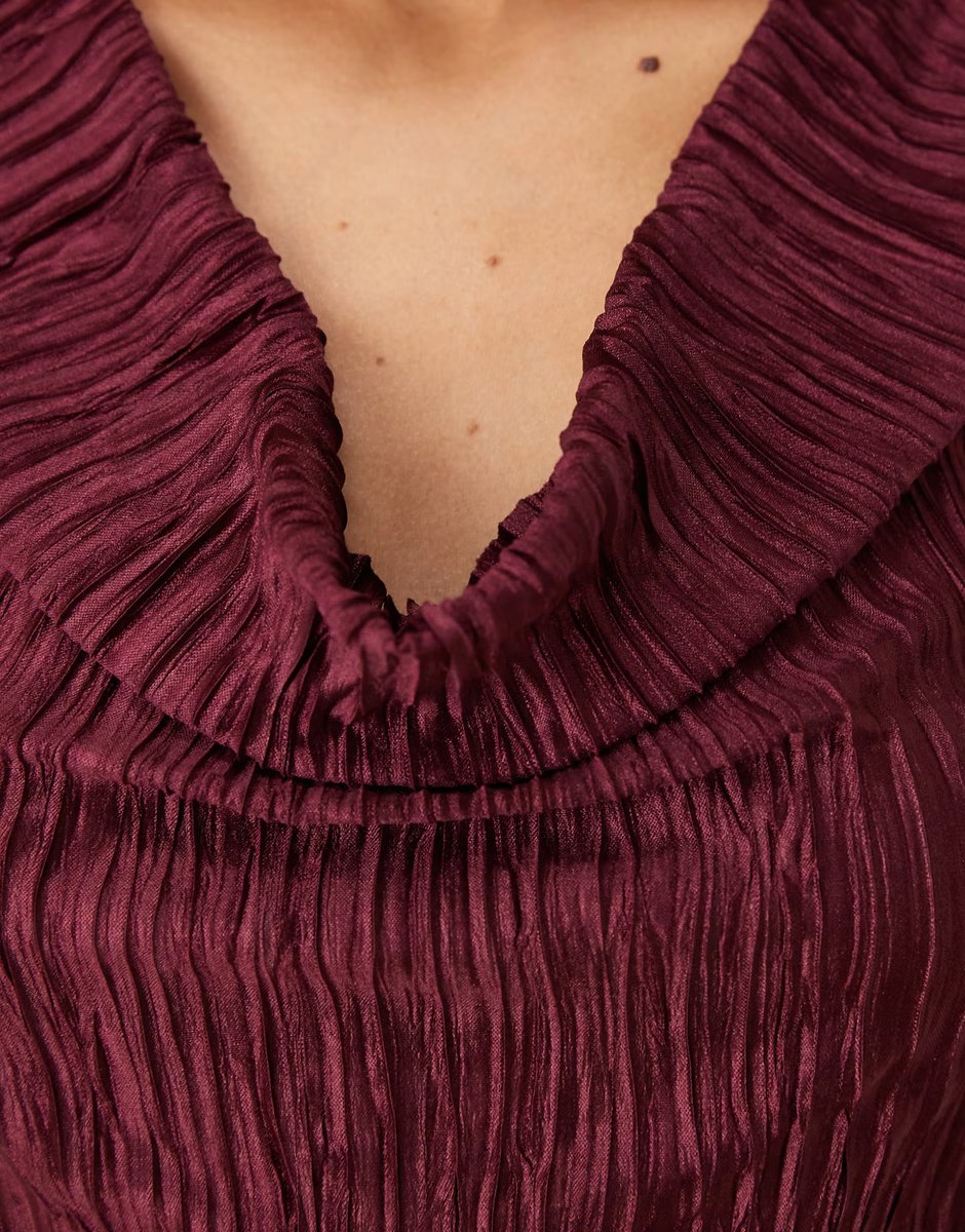 ASOS Vila plisse cowl neck top co-ord in burgundy - 3