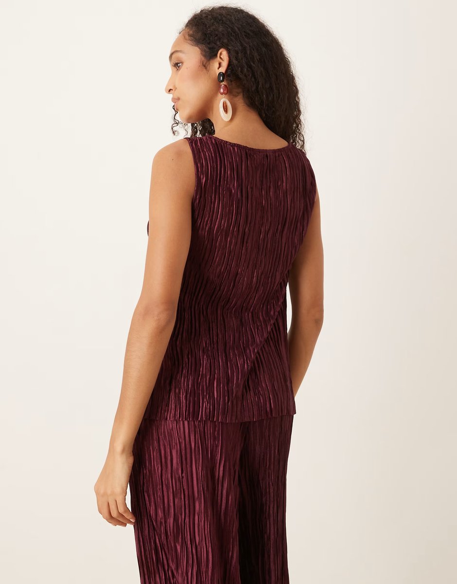 ASOS Vila plisse cowl neck top co-ord in burgundy - 4