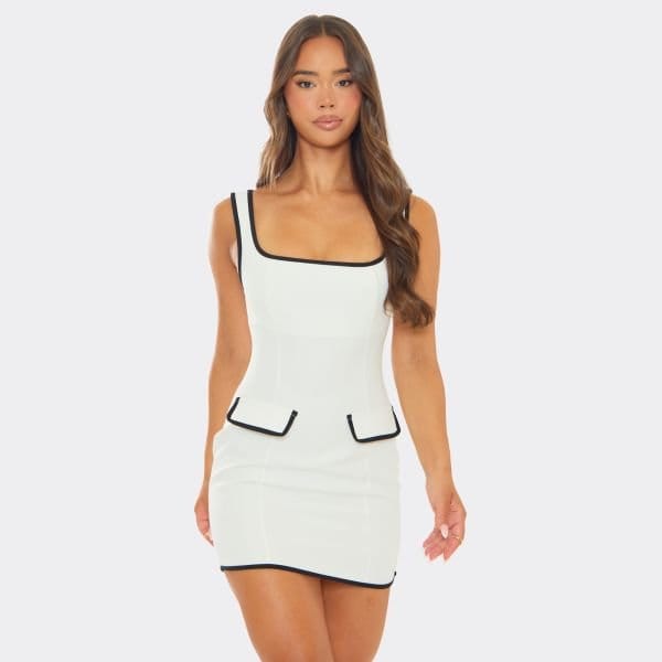 EGO Square Neck Contrast Piping Pocket Detail Mini Dress In White, Women's Size UK 8 - 1