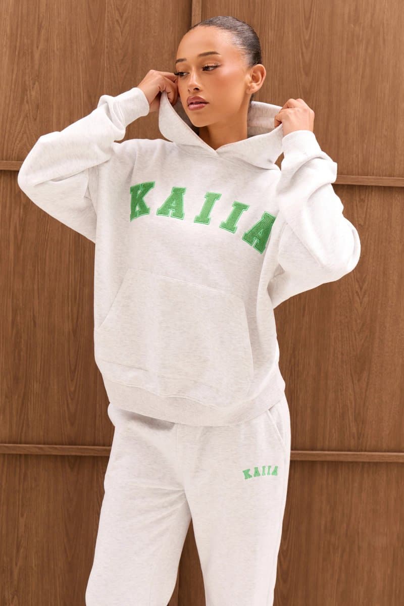 Kaiia Kaiia Slogan Oversized Hoodie Light Grey Marl & Spring Green