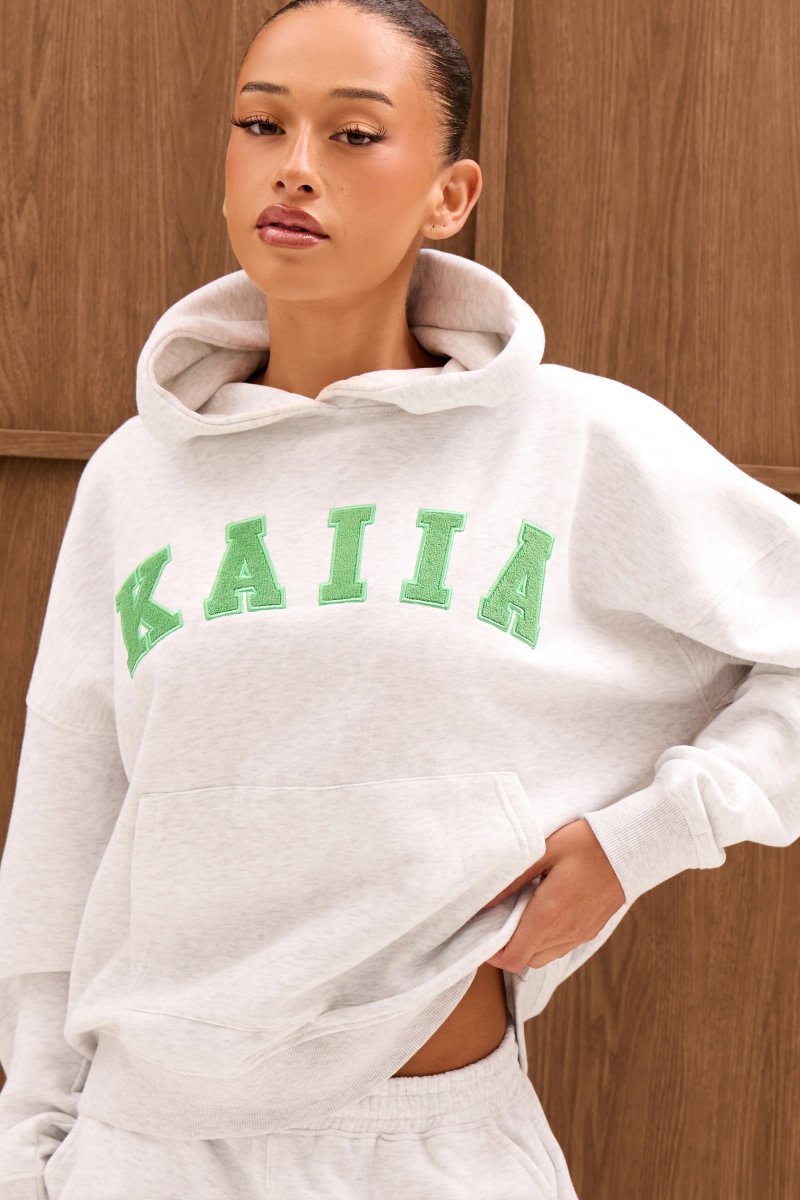 Kaiia Kaiia Slogan Oversized Hoodie Light Grey Marl & Spring Green - 3