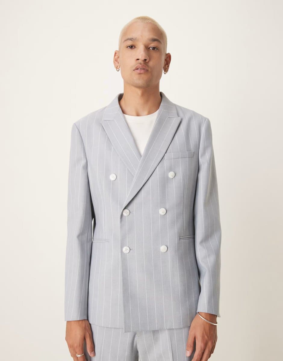 ASOS ASOS DESIGN slim suit jacket with linen in blue pinstripe