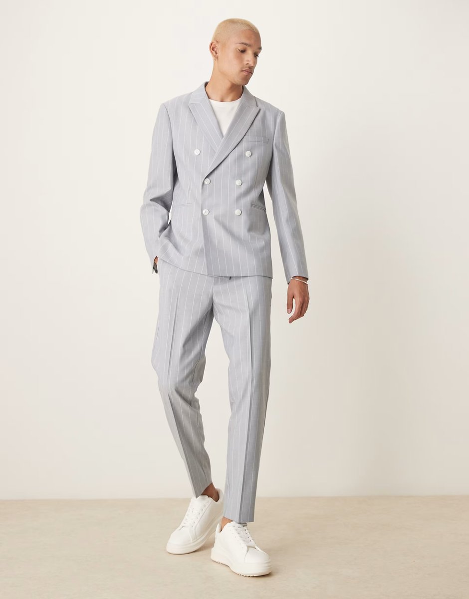 ASOS ASOS DESIGN slim suit jacket with linen in blue pinstripe - 2