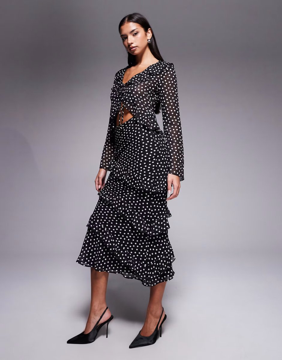 ASOS New Look spot ruffle chiffon top & midi skirt co-ord in black - 2