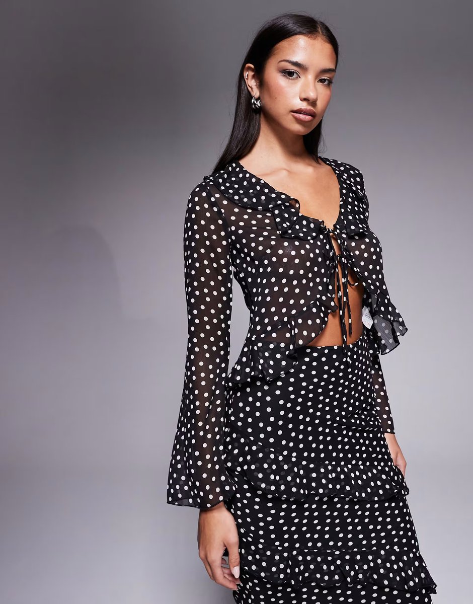 ASOS New Look spot ruffle chiffon top & midi skirt co-ord in black - 3