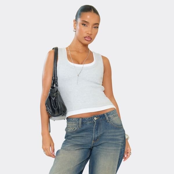 EGO Scoop Neck Contrast Detail Vest Top In Grey Rib, Women's Size UK 6 - 1