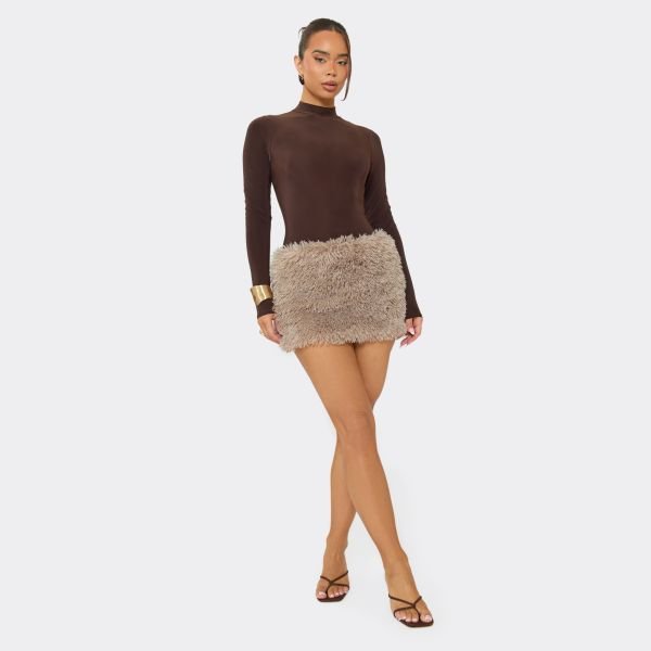 EGO Mid Rise Mini Skirt In Grey Faux Fur, Women's Size UK Large L - 2