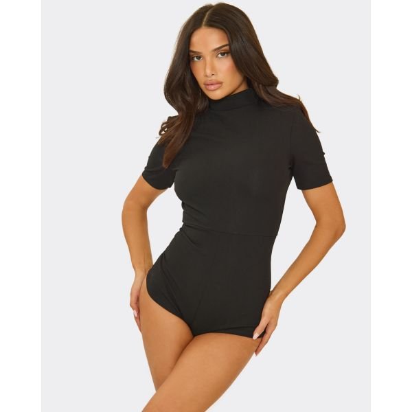 EGO High Neck Shoulder Pad Detail Micro Playsuit In Black, Women's Size UK 6 - 2