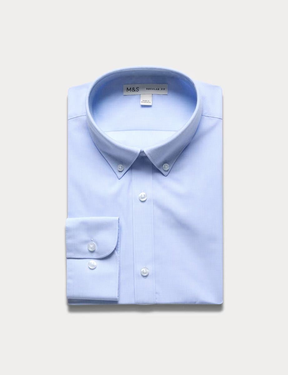 Marks & Spencer M&S Regular Button-Down Cotton Blend Striped Shirt in Light Blue