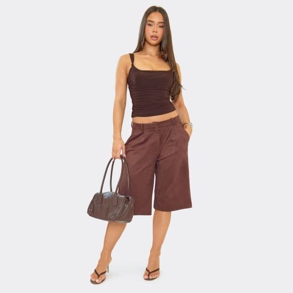 EGO EGO Mid Rise Tailored Jorts in Chocolate Brown Faux Suede