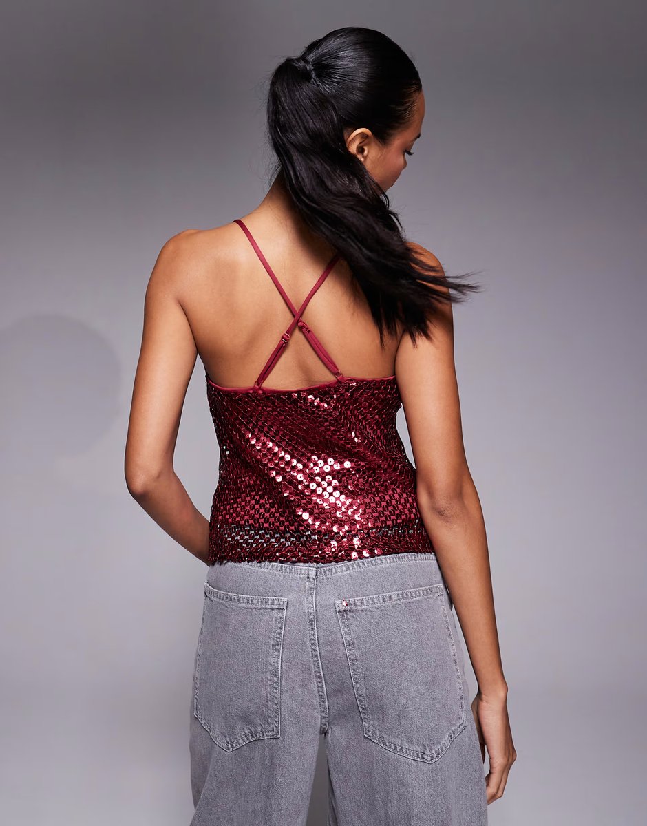 ASOS River Island sequin drape cami top in burgundy - 3