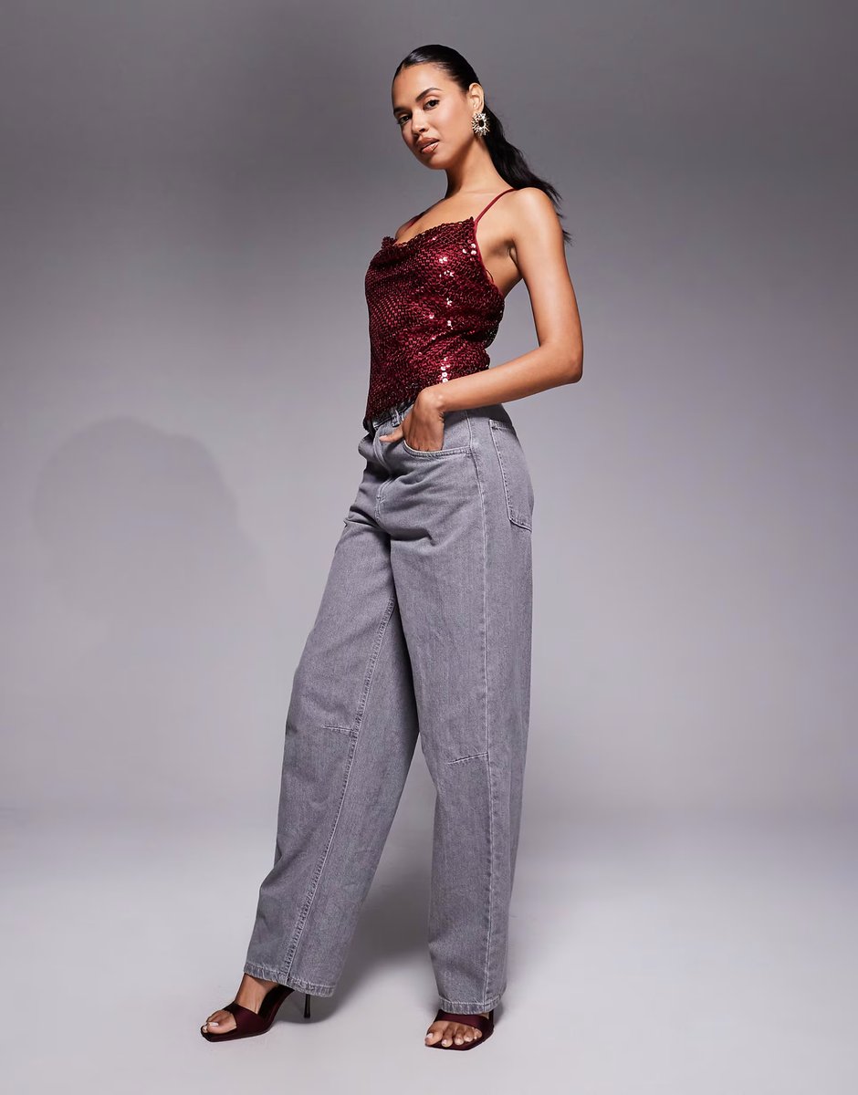 ASOS River Island sequin drape cami top in burgundy - 4