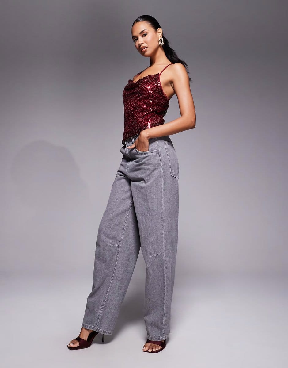 ASOS River Island sequin drape cami top in burgundy - 4