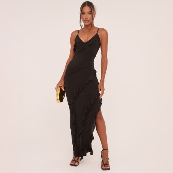 EGO Strappy Tiered Frill Asymmetric Maxi Dress In Black Slinky, Women's Size UK Large L