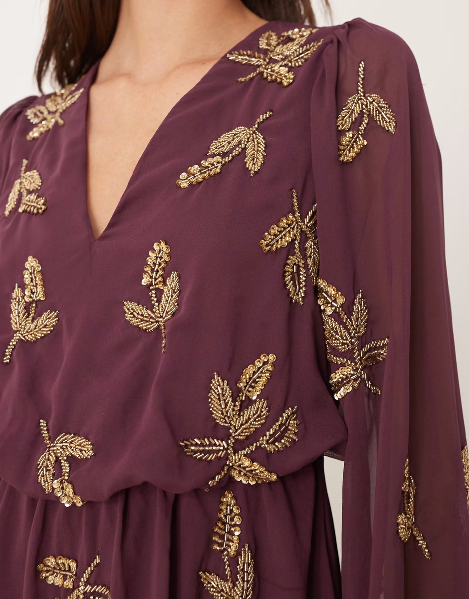 ASOS Maya Embellished long sleeve v neck mini dress in berry - 3