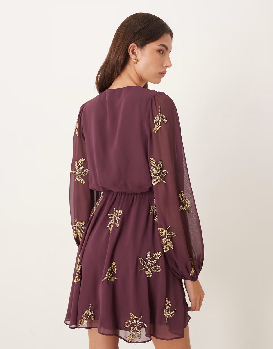 ASOS Maya Embellished long sleeve v neck mini dress in berry - 4