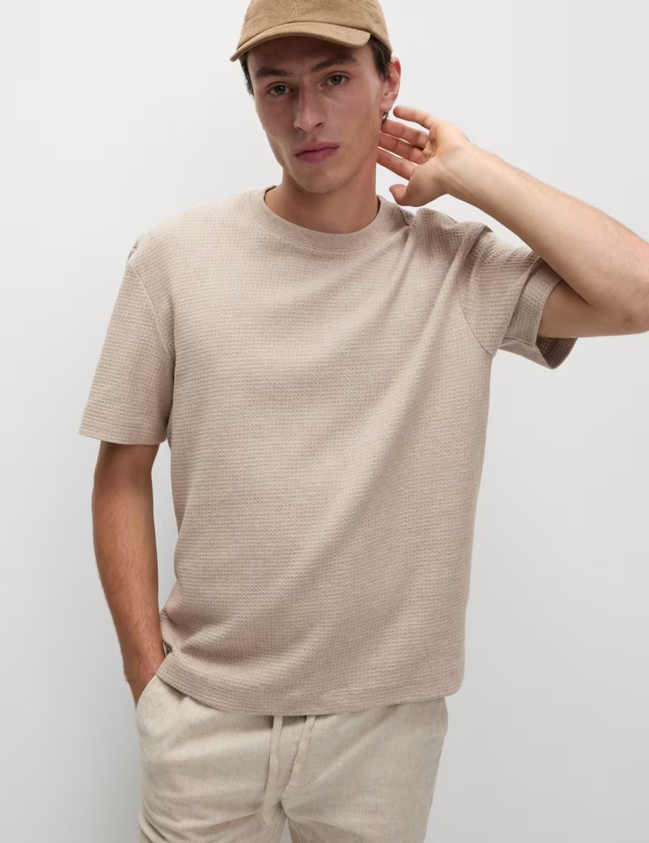 Marks & Spencer M&S Relaxed Pure Cotton Waffle T-Shirt Sand - 4