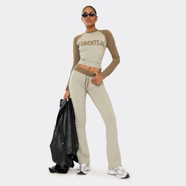 EGO Low Rise Distressed Graphic Detail Flared Leg Trousers In Khaki Green, Women's Size UK 4 - 1