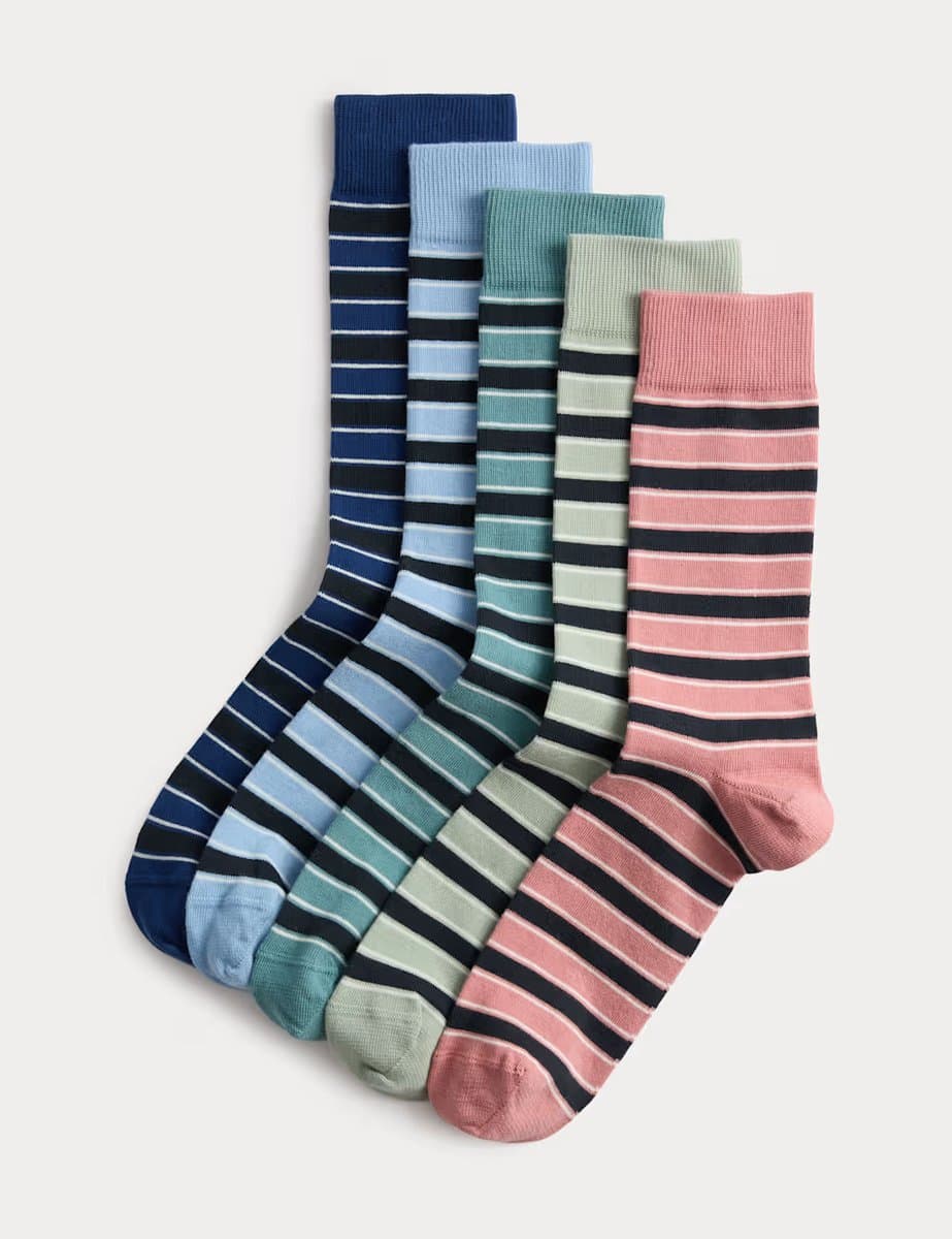 Marks & Spencer M&S 5 Pack Cool & Fresh™ Striped Cotton Rich Socks Multi